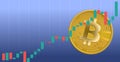 Illustration with bitcoin coins in the background depicting cryptocurrencies trading. Economical stock market graph.