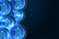 Bitcoin coins banner in futuristic glowing style on blue background. Virtual cryptocurrency. Royalty Free Stock Photo