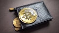 Bitcoin coins in an elegant leather wallet symbol of the financial digital universe.