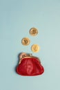 Bitcoin coins falling in red money purse on blue background. Co