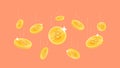 Bitcoin coins flying on orange background. bitcoin cryptocurrency concept banner