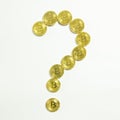 Bitcoin coins that are laid out like a question mark and isolated on white, cryptocurrency what to do or what it would be etc.