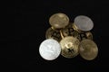 Bitcoin coins piled up Gold and Silver coins on dark background. Crypto currency and Block chain technology concept. Digital Money Royalty Free Stock Photo