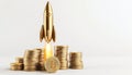 Bitcoin Coins Stack In Front Of A Rocket Launch Against A White Background In A Digital Royalty Free Stock Photo