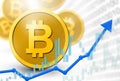 Bitcoin coins virtual currency illustration with 3D coins and upswing profit increase concept. Digital money system threatening f