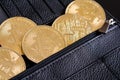 Bitcoin coins in a wallet Royalty Free Stock Photo