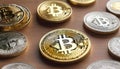 Bitcoin Coins on Wooden Surface