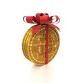 Bitcoin coins are wrapped with a gift red ribbon with a bow on a white background. Creative conceptual illustration. 3D render Royalty Free Stock Photo