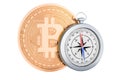 Bitcoin with compass, 3D rendering