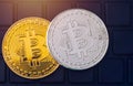 Bitcoin on compuer keyboard in background, symbol of electronic virtual money and mining cryptocurrency concept. Coin crypto Royalty Free Stock Photo
