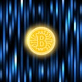 Bitcoin concept on an abstract blue background .Digital matrix of deducting money . Crypto currency abstraction golden