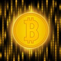 Bitcoin concept on an abstract yellow background . Crypto currency abstraction golden bit-coin . Digital matrix of