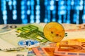 Bitcoin concept coin and euro over digital wallpaper Royalty Free Stock Photo