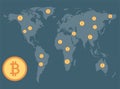 Bitcoin concept,Coins spread around on background map world. Illustrator