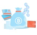 Bitcoin concept illustration with coins, purse, credit cards and money bag full of bitcoins Royalty Free Stock Photo