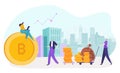 Bitcoin concept, vector illustration, flat tiny business woman charcater sit at huge crypto currency coin, people pay Royalty Free Stock Photo