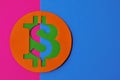 Bitcoin is connected to the dollar on a pink blue background with a copy space. Conceptual collage about cryptocurrency