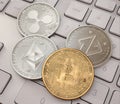 Bitcoin. Cripto bit coin. Digital currency. Cryptocurrency. Golden physical coins with bitcoins on white