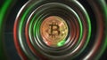Bitcoin in crisis tunel. Market concept. Blockchain. Gold bitcoin and red with green light on the tunnel. Poplular
