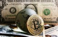 Bitcoin cristal globe over dollar background