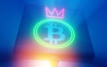 Bitcoin with crown big board 3D rendering with neon symblols and loght leakage effect - Cryptocurrency winner concept