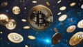 Bitcoin and crypto coins floating in outer space against galaxy dark blue background. Rise of cryptocurrency concept Royalty Free Stock Photo