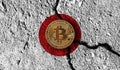 Bitcoin crypto currency coin with cracked Japan flag. Crypto restrictions