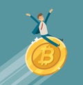 Bitcoin crypto currency growth chart. Business, upward trend concept. Cartoon vector illustration