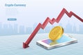 Bitcoin, crypto currency investment, defi decentralized finance concept. 3D bitcoin with falling down graph on smart phone. Crypto