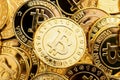 Bitcoin cryptocurrency background. A bunch of golden bitcoin, Digital currency