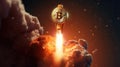 Bitcoin, a cryptocurrency, blasts off on a rocket into space Royalty Free Stock Photo