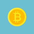 Bitcoin cryptocurrency block chain flat symbol on blue geometric background. Bitcoin logo. Virtual money. Vector illustration