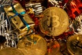 Bitcoin Cryptocurrency BTC Coins on the Christmas New Year Backgrounds. Royalty Free Stock Photo