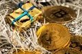 Bitcoin Cryptocurrency BTC Coins on the Christmas New Year Backgrounds. Royalty Free Stock Photo