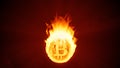 Bitcoin cryptocurrency burning in fire. Red market decline, crash and bubble