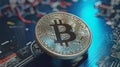 Bitcoin cryptocurrency coin close-up, creative design on electronic background