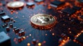 Bitcoin cryptocurrency coin on a computer circuit board with glowing lights Royalty Free Stock Photo