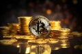 Bitcoin cryptocurrency coin on a dark background. 3D Rendering, Bitcoin cryptocurrency payment online using digital money, AI