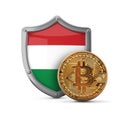 Bitcoin cryptocurrency coin in front of a Hungary flag shield. 3D Render Royalty Free Stock Photo