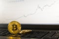 Bitcoin cryptocurrency coin standing on laptop keyboard with ascending chart on background Royalty Free Stock Photo