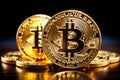 Bitcoin Cryptocurrency Coins on Black Background Royalty Free Stock Photo