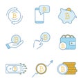 Bitcoin cryptocurrency color icons set Royalty Free Stock Photo