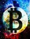 Bitcoin cryptocurrency concept, graphic collage in cosmic space. Royalty Free Stock Photo