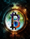 Bitcoin cryptocurrency concept and maya calendar, graphic collage in cosmic space. Royalty Free Stock Photo