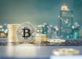 Bitcoin cryptocurrency declining coin stacks, lower value in digital currency in banking finance business and world stock exchange