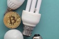Bitcoin cryptocurrency eco sustainability concept. coin with light bulb Royalty Free Stock Photo
