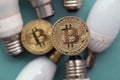 Bitcoin cryptocurrency eco sustainability concept. coin with light bulb Royalty Free Stock Photo