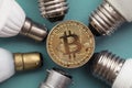 Bitcoin cryptocurrency eco sustainability concept. coin with light bulb Royalty Free Stock Photo