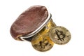 Bitcoin cryptocurrency falling out of vintage money brown purse isolated on white background. Crypto currency electronic money for Royalty Free Stock Photo