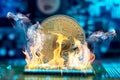 Bitcoin cryptocurrency in the form of a coin burns on fire on a microchip. Concept of death blockchain